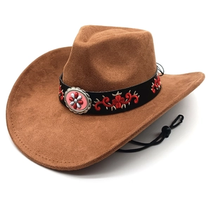Brown faux suede western cowboy hat with bohemian embroidered band and gemstone buckle