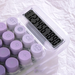 Minimalist purple transparent electronic calculator with 10-digit display and round keys