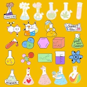 24-piece science enamel pin set featuring lab equipment and chemistry motifs on yellow background