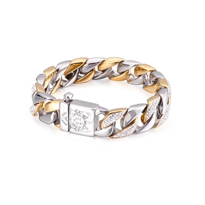 Hip Hop Cuban Link Bracelet For Men Stainless Steel Two Tone Pave Rhinestone Retro Geometric Carved Beetle Clasp Biker Jewelry