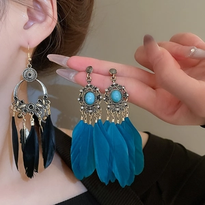 Détail de boucles d'oreilles bohèmes avec plumes, pierres turquoise et métal de style rétro