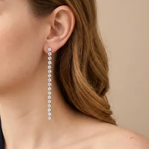 Silver needle square tassel drop earrings with sparkling rhinestones for women