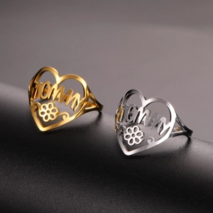 Fashionable gold and silver stainless steel open heart ring featuring MOMMY and flower detail