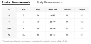 Detailed size guide for off-shoulder evening dress with bust, waist and length measurements