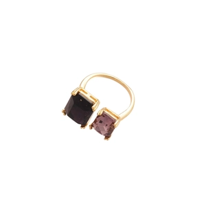 Adjustable gold ring with double purple zircon stones in geometric open design