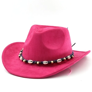 Rose red suede western cowboy hat featuring bohemian shell and bead woven band