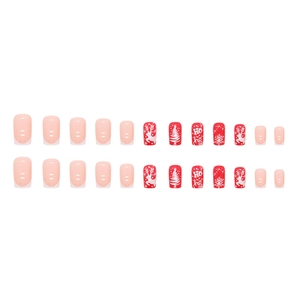 24pcs festive red Christmas press-on nails featuring elk, snowflake, and tree designs