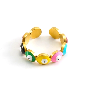 Adjustable gold plated stainless steel ring with colorful enamel evil eye charms