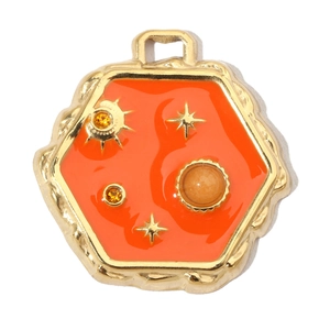 Detail of hexagon sun pendant with orange enamel and yellow rhinestone inlay