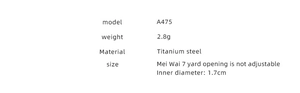 Size specifications for titanium steel ring Model A475 featuring a 1.7cm inner diameter