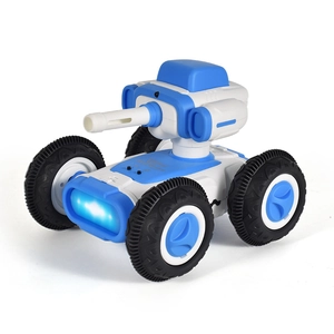 2.4G RC stunt car with blue and white body, four-wheel drive and rotating turret