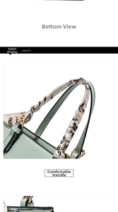 Detail of light green PU tote bag featuring a decorative printed scarf on the handle