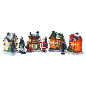 Village de Noël avec maisons LED en résine lumineuses, Père Noël et sapins enneigés