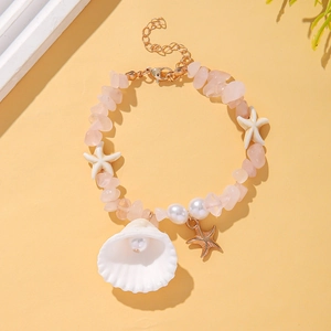Pink gravel beaded bracelet with white shell, pearl and golden starfish pendant