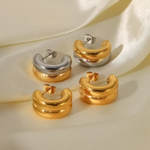 Elegant two-tone and gold plated stainless steel chunky C-shaped hoop earrings