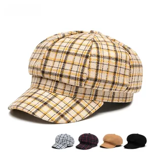 Plaid octagonal newsboy hat for women in yellow brown wool tweed and color options