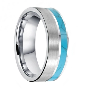 Anello da uomo in tungsteno spazzolato con intarsio in turchese e bordo interno lucido