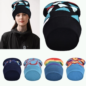 Unisex Winter Warm Knit Beanie Hat Rainbow Stripe Geometric Heart Pattern Soft Acrylic Crochet Skull Cap Street Casual Headwear