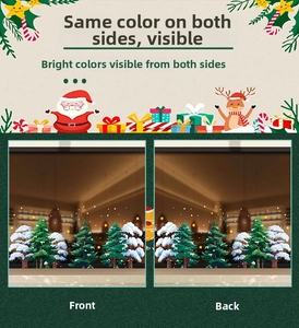 Detail of Christmas glass window stickers featuring white cedar trees and starry snow patterns