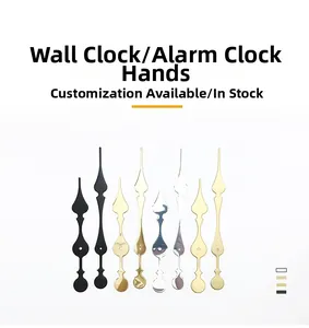 Detail view of universal aluminum clock hands in black, gold, and silver finishes