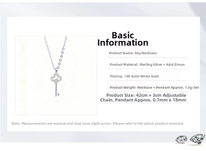 Detailed specs of S925 sterling silver key necklace with AAA cubic zirconia and 14K gold plating