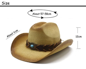 Detailed size chart of a straw cowboy hat showing dimensions and turquoise bead trim