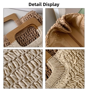 Detail view of woven straw beach bag featuring wooden U-shaped handles and zipper closure