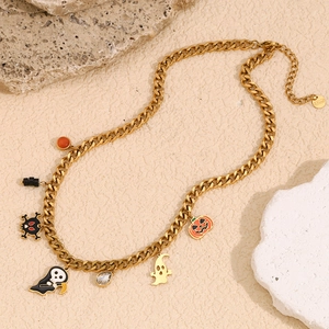 18K gold plated stainless steel Cuban chain with Halloween ghost and pumpkin charms