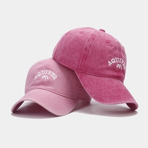 Vintage washed cotton baseball caps with AQUIVER embroidery in pink and rose colors