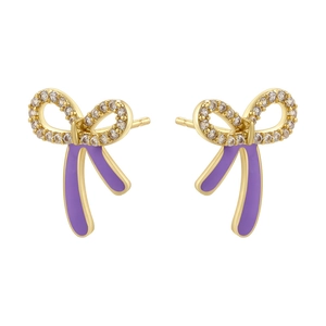 Elegant gold bow earrings with purple enamel and white zircon accents on white background