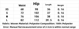 Detailed size chart for women's linen style shorts including waist and hip measurements
