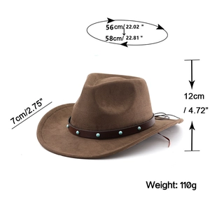 Detailed dimensions of brown suede cowboy hat with turquoise studs and curved brim