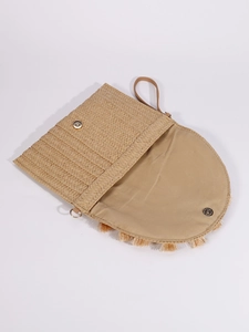Natural straw envelope clutch bag with long fringe and brown wristlet strap