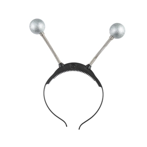 Detail of glittery silver alien eyeballs on spring antennas with power switch on the headband
