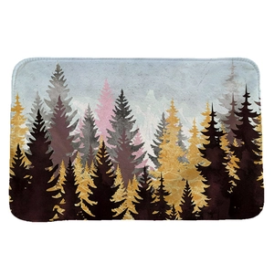 Modern rectangular flannel floor mat featuring a colorful artistic forest pine tree pattern