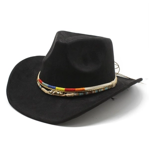Detail of black suede cowboy hat featuring a colorful ethnic band with small sea shells