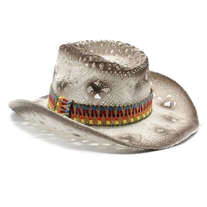 Bohemian hollow straw cowboy hat with colorful geometric band and vintage burnt edges