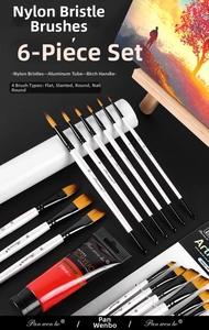Détail du set de 6 pinceaux en nylon pour peinture acrylique avec manches en bois de bouleau