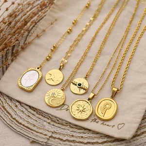 Vintage French Stainless Steel Necklace 18K Gold Plated Celestial Sun Moon Star Embossed Pendant Jewelry For Women