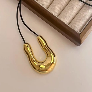 Minimalist U-Shape Pendant Necklace Brass Irregular Liquid Metal Glossy Finish Black Cord Fashion Jewelry For Women