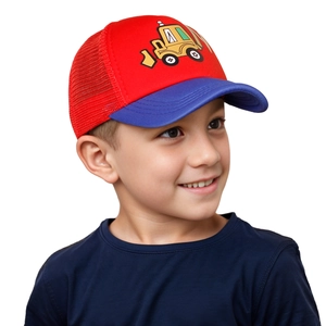 Kids baseball cap with red blue color block and cartoon excavator embroidery design