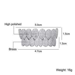 High polished silver hip hop grillz set with full diamonds and size measurements
