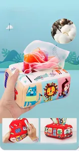 Detail of baby cloth tissue box with colorful mesh fabrics and elastic cotton filling