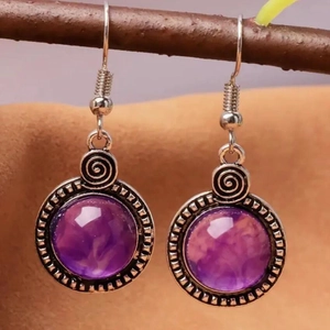 Vintage amethyst drop earrings with purple round stone and antique silver spiral design