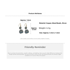 Detailed size chart of geometry earrings with gold copper hooks and blue wooden beads