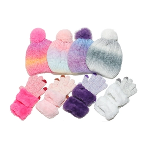 Kids Winter Knit Hat And Gloves Ombre Tie Dye Cable Pattern With Faux Fur Pom Pom For Boys Girls Warm Touchscreen Accessory