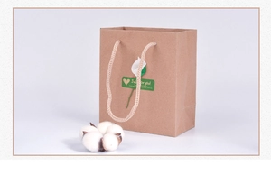 Brown kraft paper gift bag with hemp rope handle, green label and white flower detail