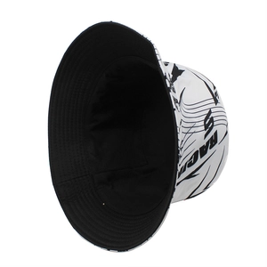 Graffiti bucket hat with RACING print, reversible black and white streetwear style hip-hop cap