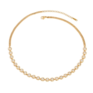 Gold titanium steel tennis necklace with clear zircon stones and curb chain design