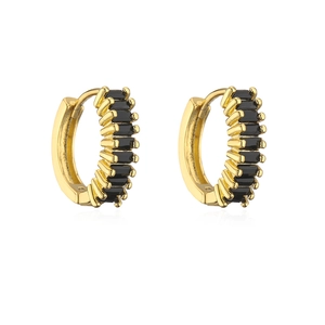 Detail of 18K gold plated huggie hoops featuring rectangular black zircon stones